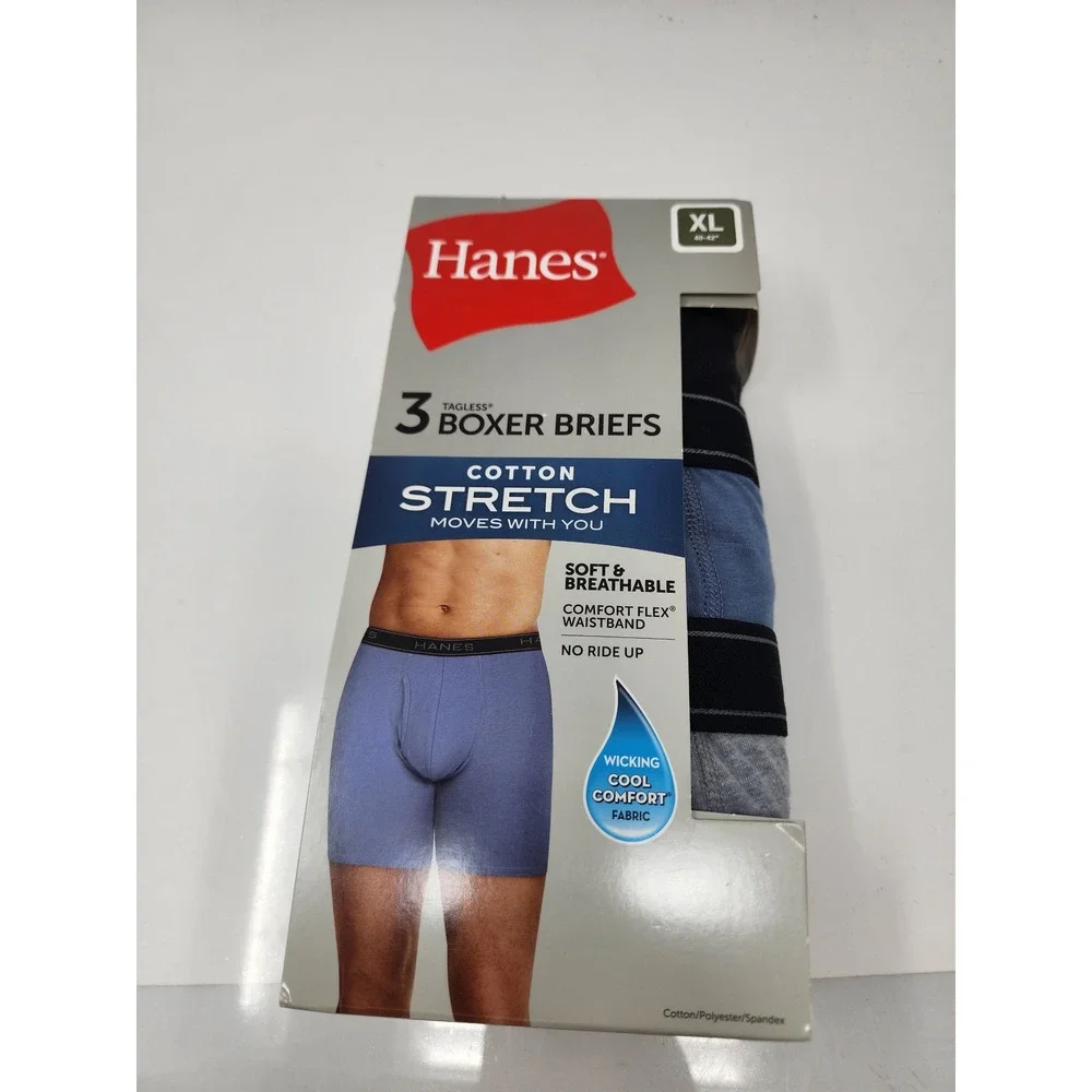 Hanes Mens 3 Pack Boxer Briefs Multi Cotton Blend Athletic Size XL